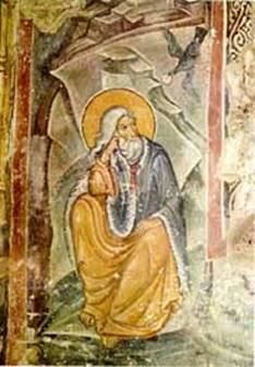 Prophet Ellias in Horat Desert fed by a raven, fresco in 'djakonikon' of the Ascent of mother of God Church, the 13th century